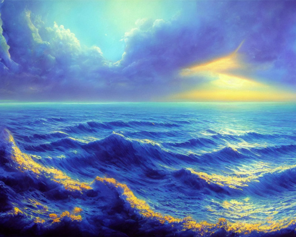 Colorful digital artwork of ocean scene at sunrise/sunset