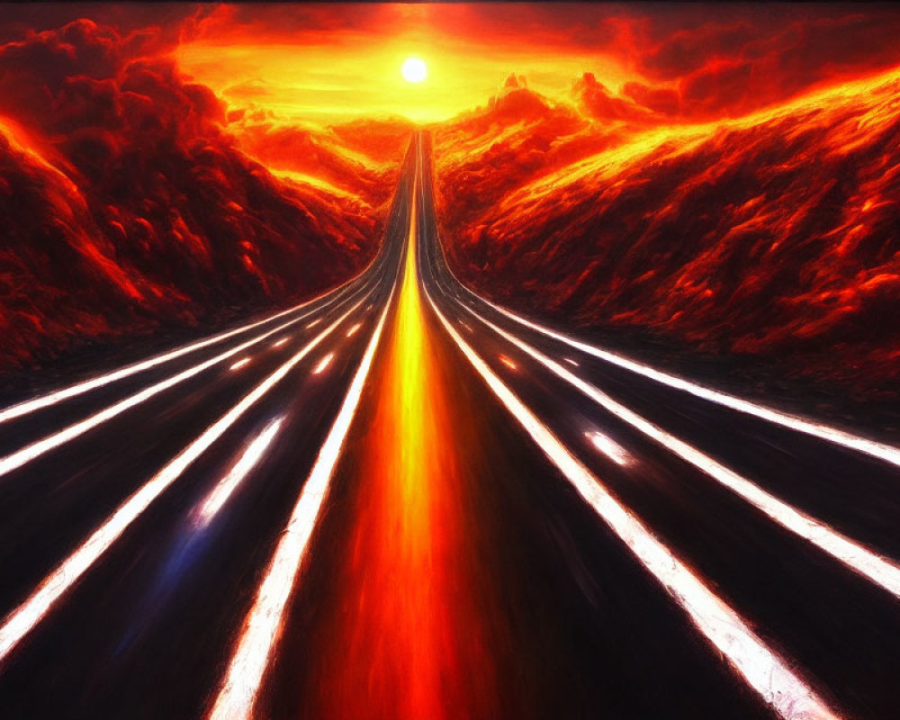 Surreal highway painting with brilliant sunset and flame-like clouds