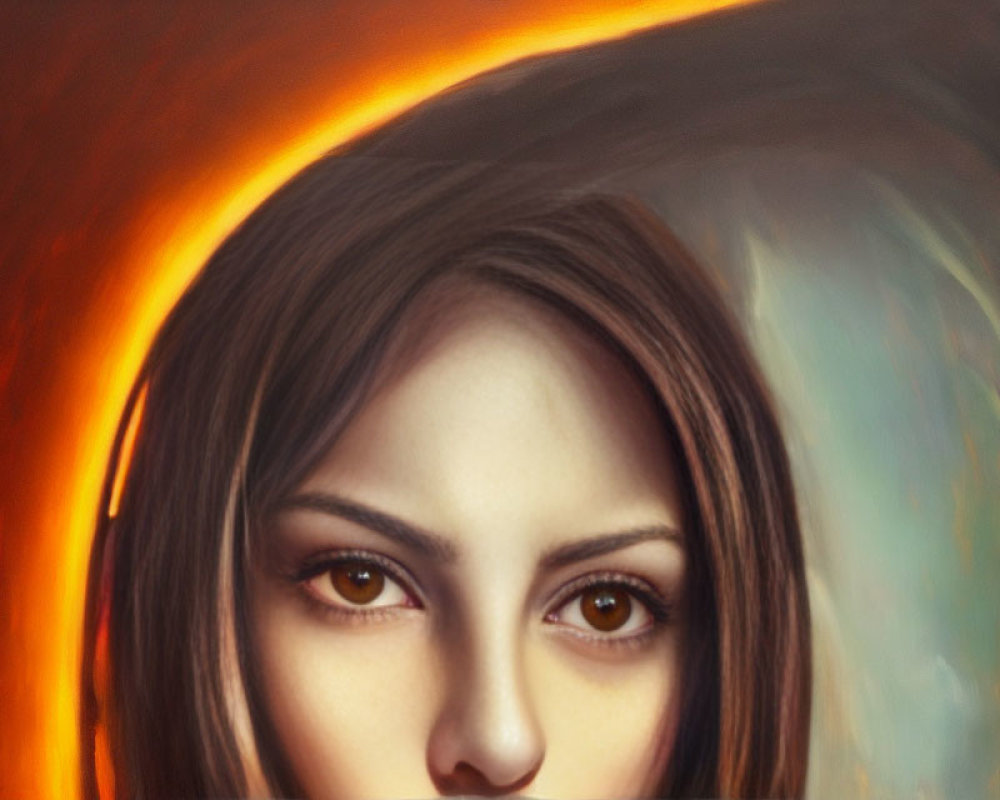 Portrait of woman with amber eyes and fiery halo against cool background