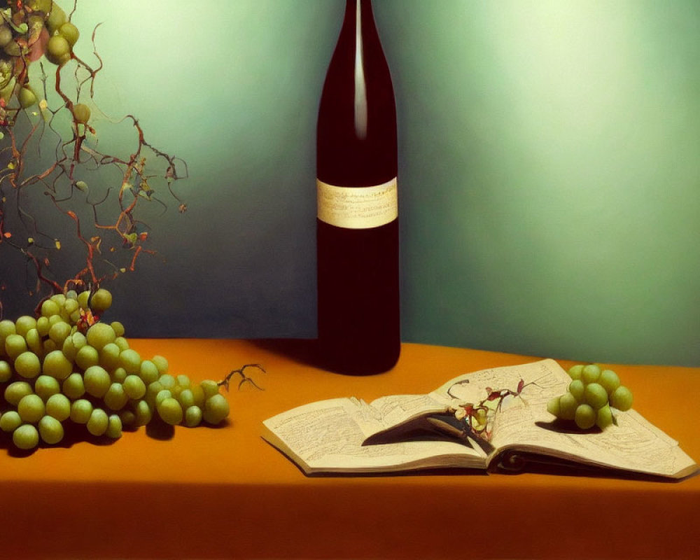 Still-life composition: grapes, open book, wine bottle on table