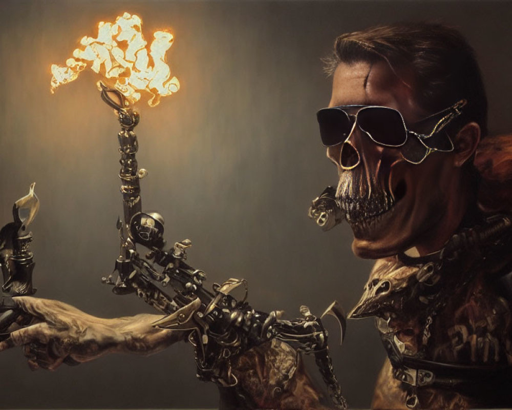 Skeletal figure with sunglasses, fiery explosion, and mechanical arm holding objects