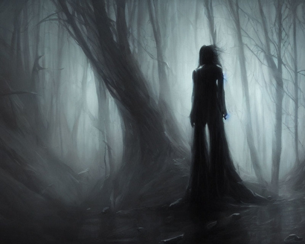 Mysterious figure in cloak in misty forest with bare trees