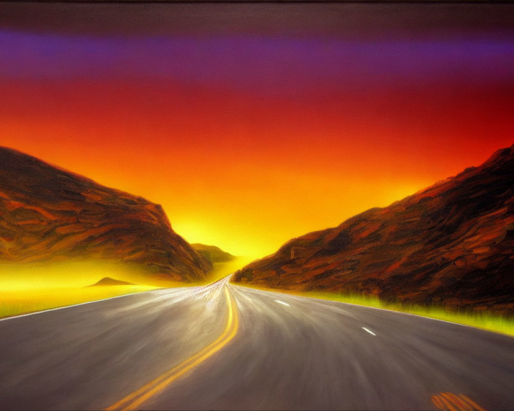 Scenic sunset painting: road, cliffs, colorful sky