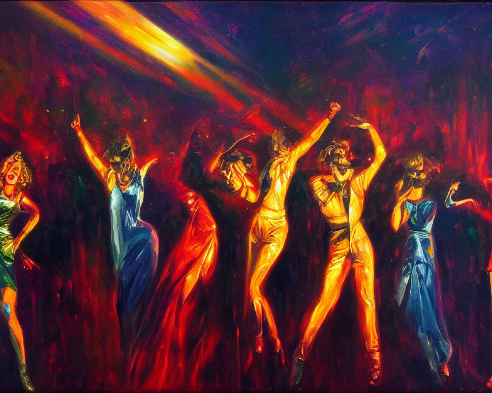 Six individuals dancing in vibrant painting under dramatic lighting