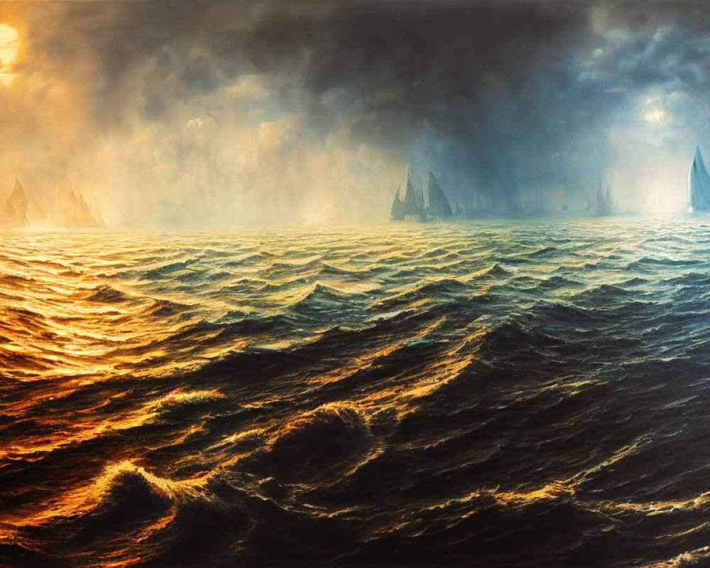 Dramatic seascape with sailing ships and fiery sun in stormy sky