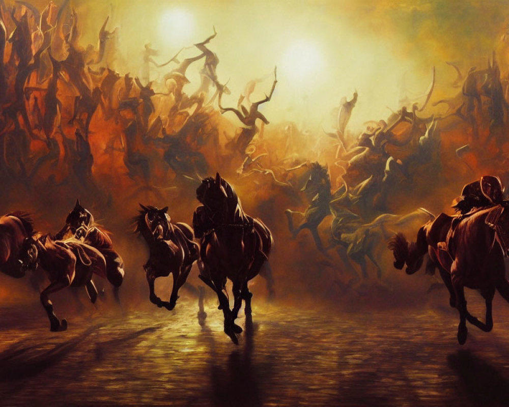 Dark horses running wildly with human-like figures in an ominous setting