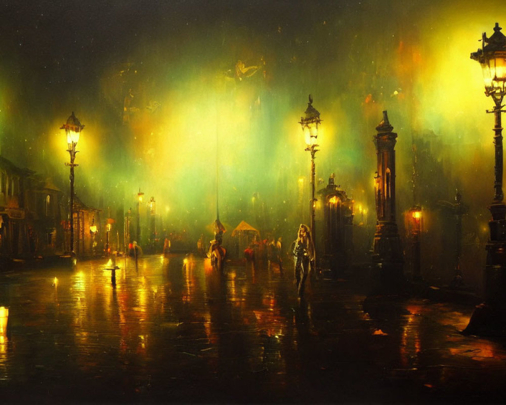 Vintage lampposts illuminate rainy cobblestone street at night