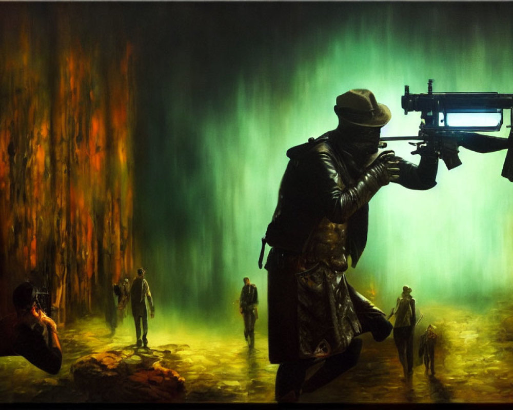 Stylized painting of person in trench coat aiming gun in cavernous setting