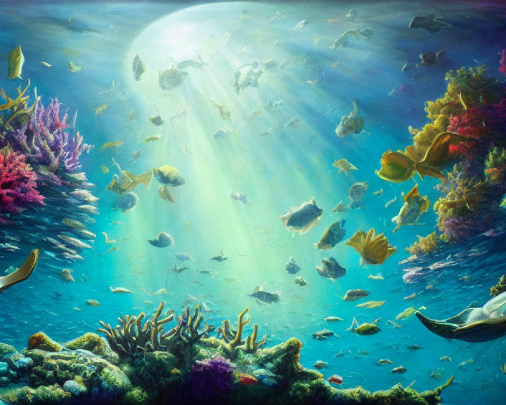 Colorful Coral Reefs and Fish in Sunlit Underwater Scene