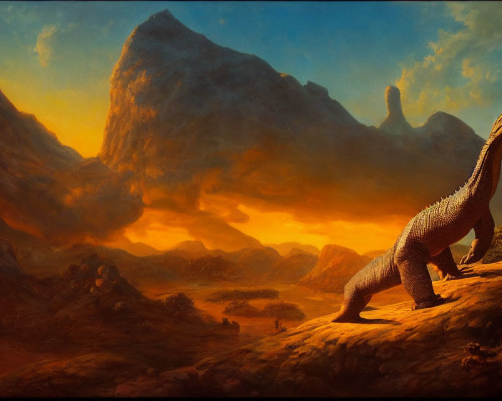 Majestic dinosaur overlooking dramatic sunset with hilly landscapes