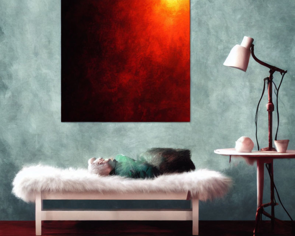 Cozy room with red artwork, teal wall, white bench, fur throw, and round table with