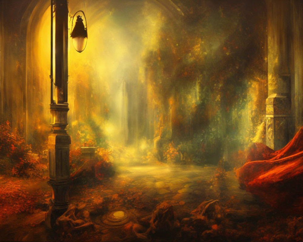 Enchanting forest scene with street lamp, cobblestone path, and figure in red cloak