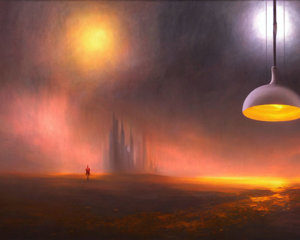 Person in surreal landscape under gigantic hanging lamp in glowing orange hue.