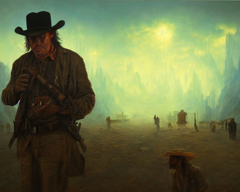 Rugged cowboy with rifle in western town and rock formations