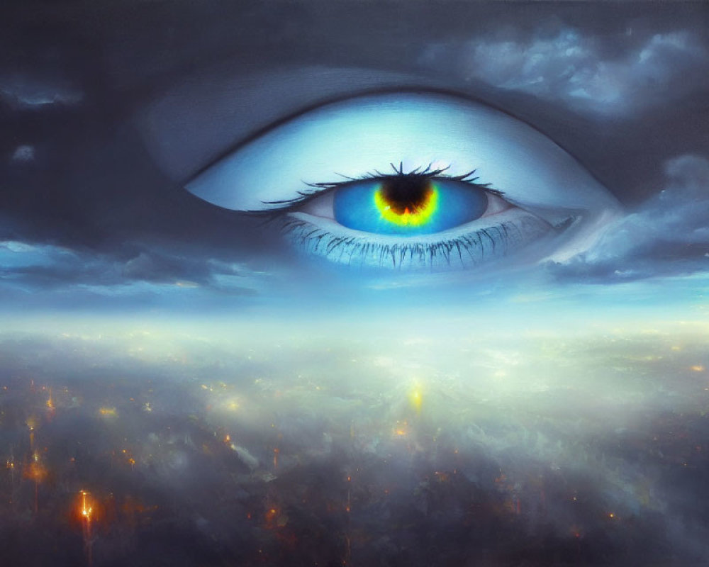 Gigantic eye overlooks city at dusk with swirling clouds and warm city lights