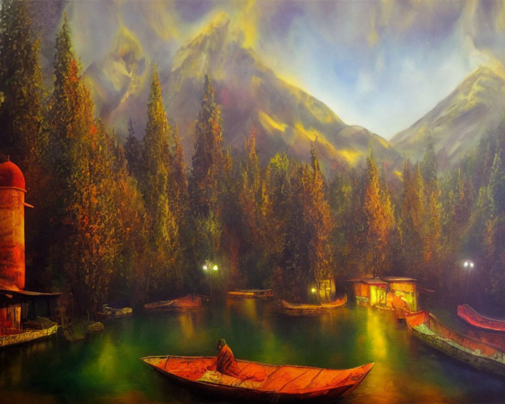 Scenic painting of mountain lake at sunset with boats and people