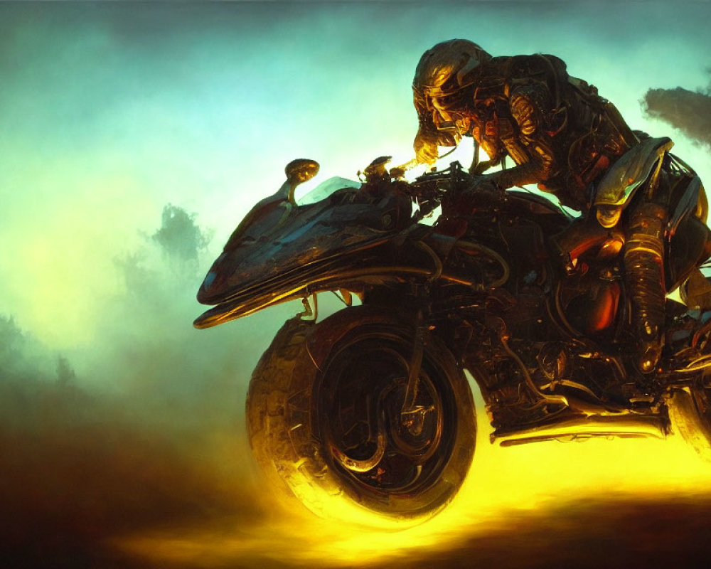 Futuristic armored rider on sleek motorcycle in misty golden scene