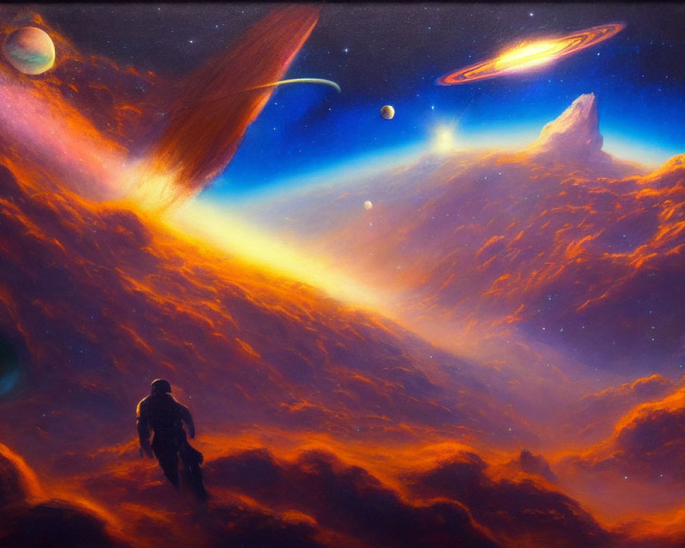 Person on fiery alien landscape views vibrant cosmic vista