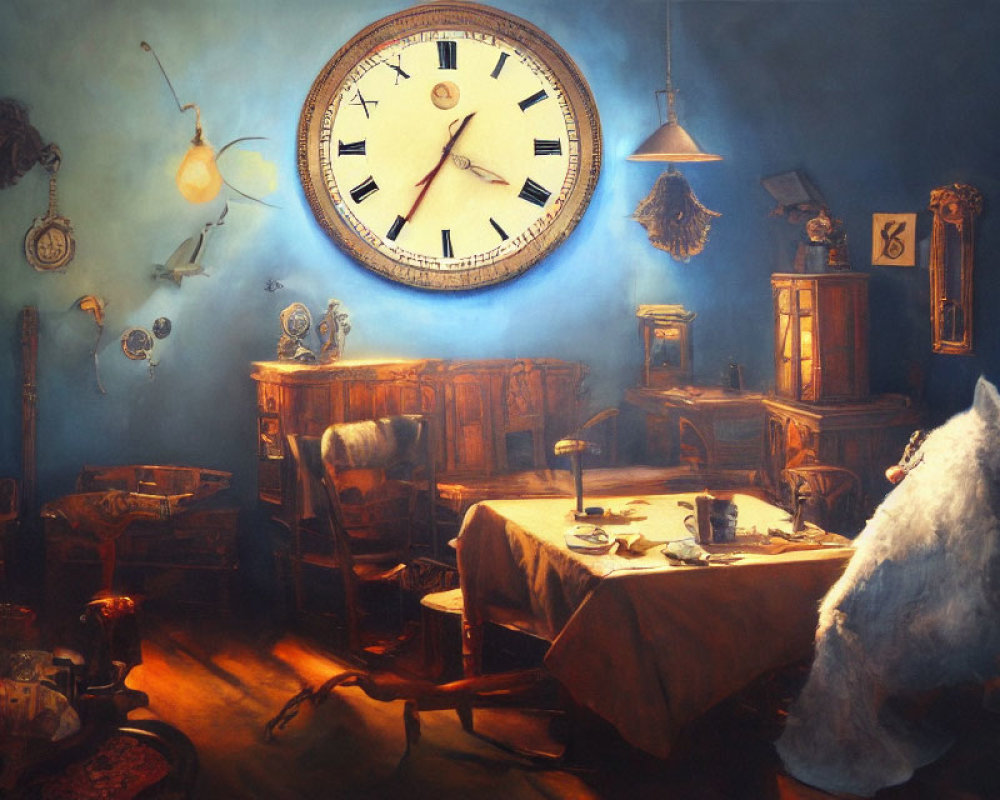 Whimsical room with floating objects, large clock, vintage furnishings, and ethereal cat-like creature