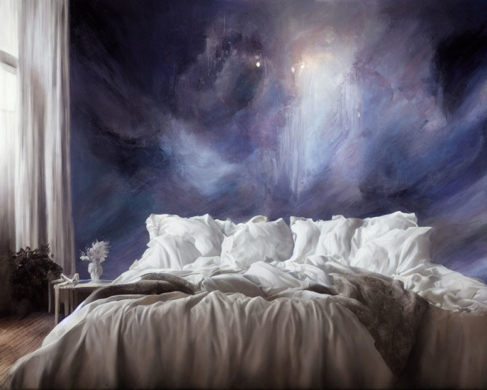 Unmade Bed with White Linens in Room with Nebula Wall Mural