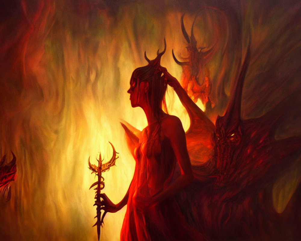 Fantasy artwork of demonic figure with horns, scepter, flames, and menacing creatures