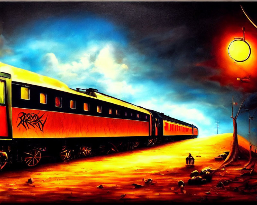 Red train under dusk sky with graffiti lamp post in desolate landscape