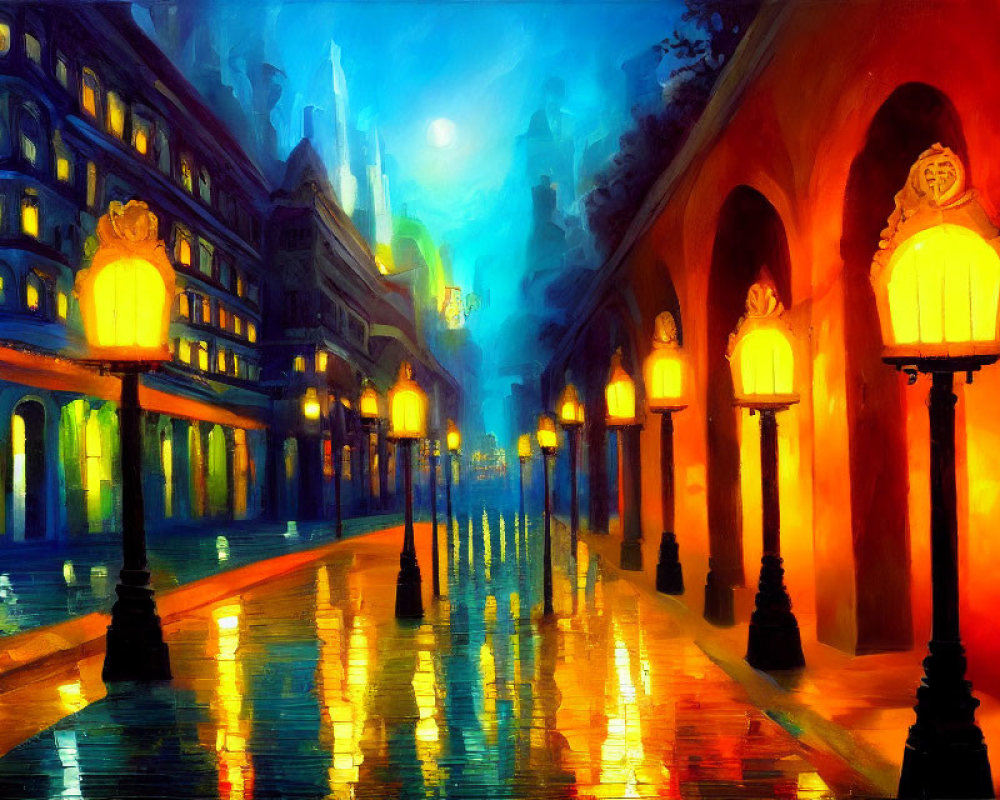 Moonlit Rain-Soaked Street with Glowing Lampposts and Majestic Buildings