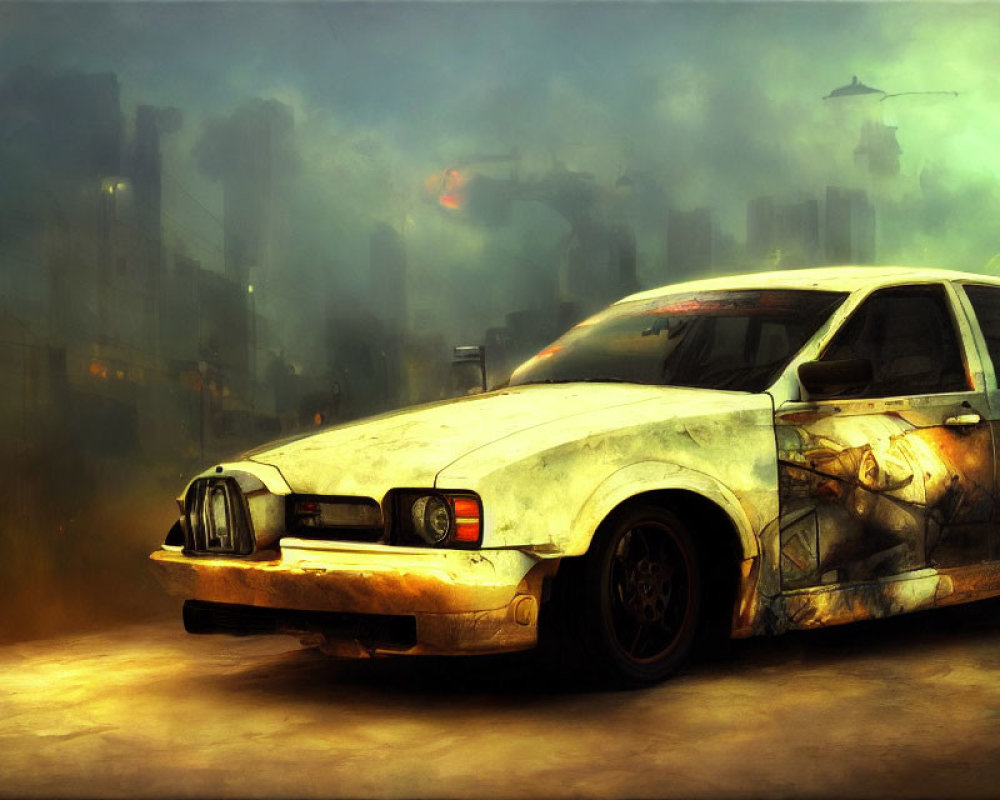 Rusted white car in misty dystopian cityscape