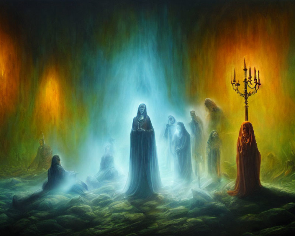 Mystical cave gathering with cloaked figures and eerie lighting