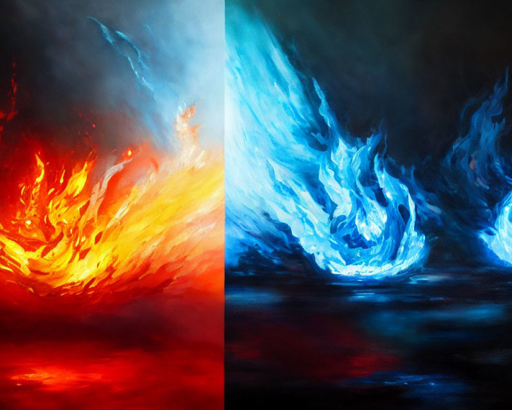 Abstract painting: split design in fiery red and icy blue flames symbolizing contrast