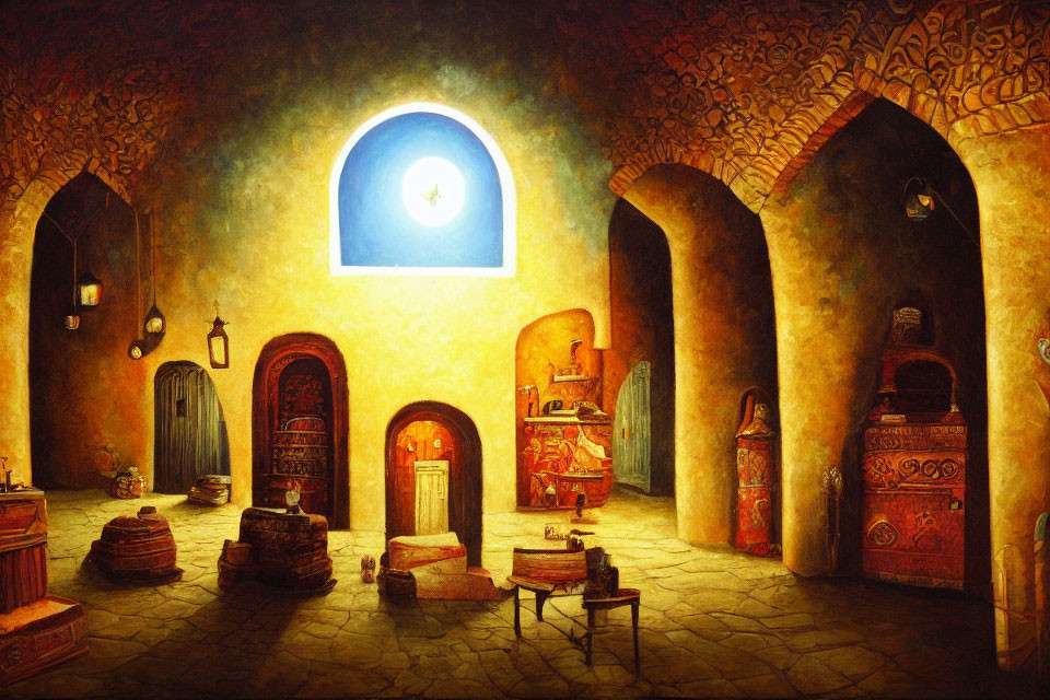 Inviting Middle Eastern room with archways, lanterns, ornate furniture, and starlit ar