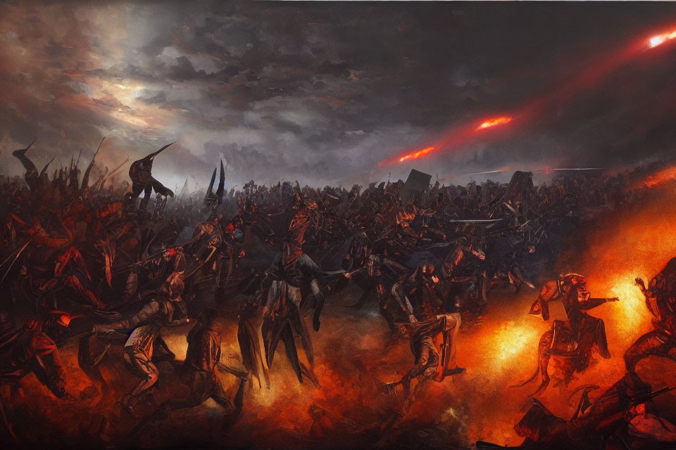 Humanoid creatures in fiery battle under red sky in dark landscape