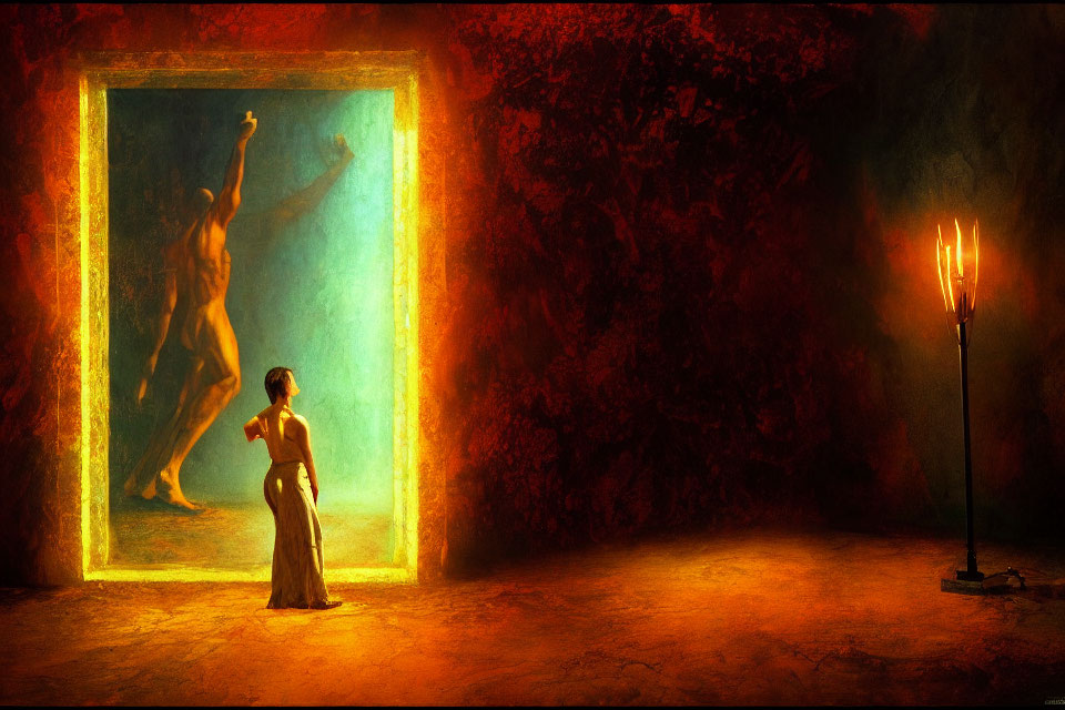 Dimly lit room with red walls, glowing doorway, silhouette, candelabra