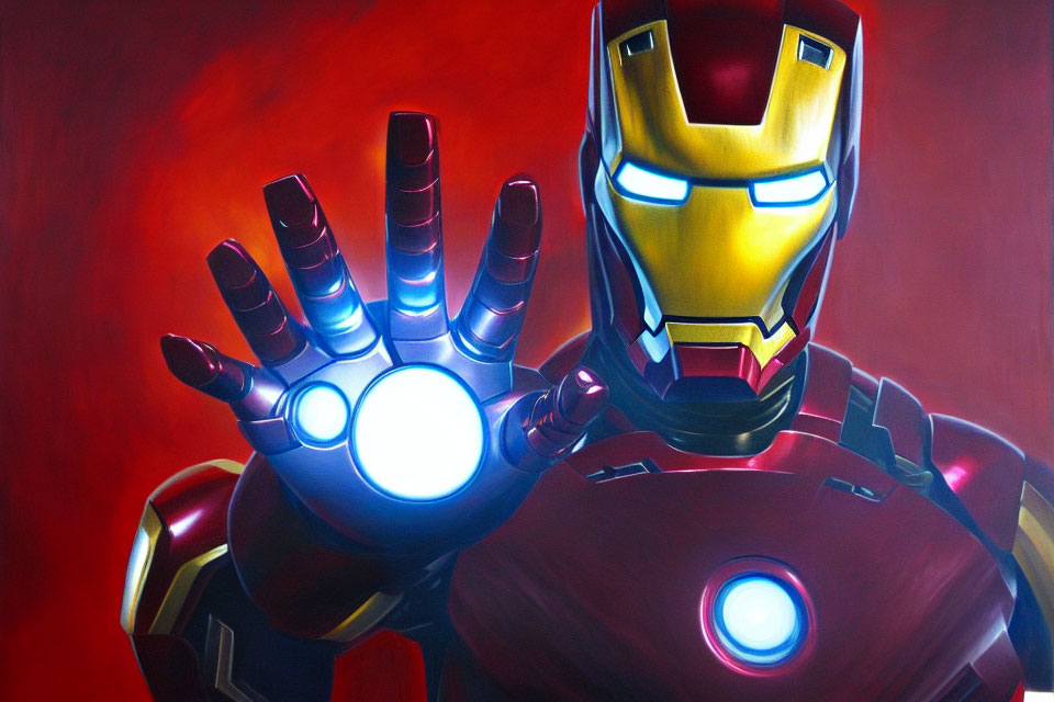 Detailed illustration of Iron Man with glowing hand repulsor and chest arc reactor on red backdrop