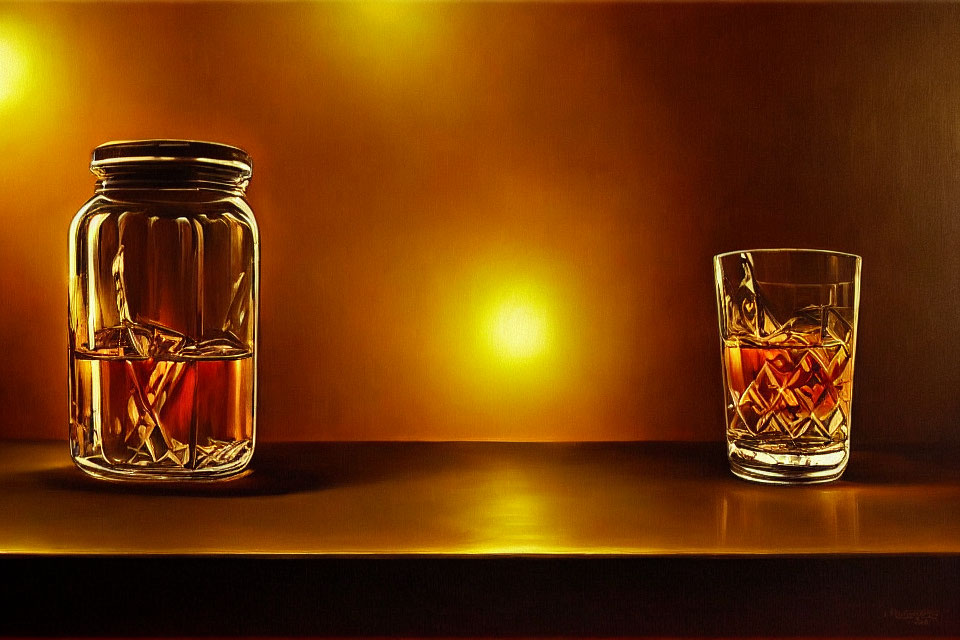 Sealed jar and whiskey glass on reflective surface with warm amber background