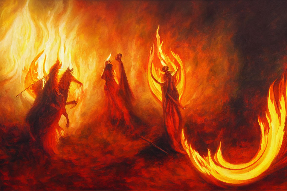 Three robed figures with mystical staves in fiery, ominous setting