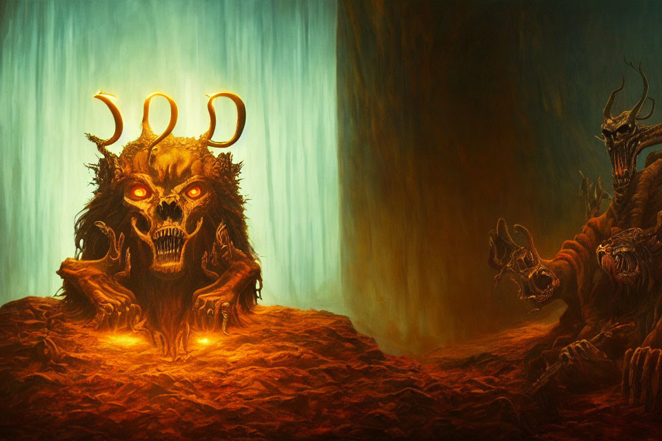 Fantasy scene: Horned skull creature with glowing eyes by fiery waterfall