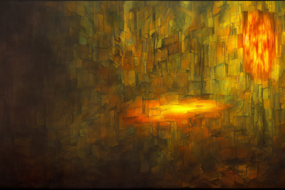 Vibrant Orange and Yellow Abstract Painting with Central Glowing Area