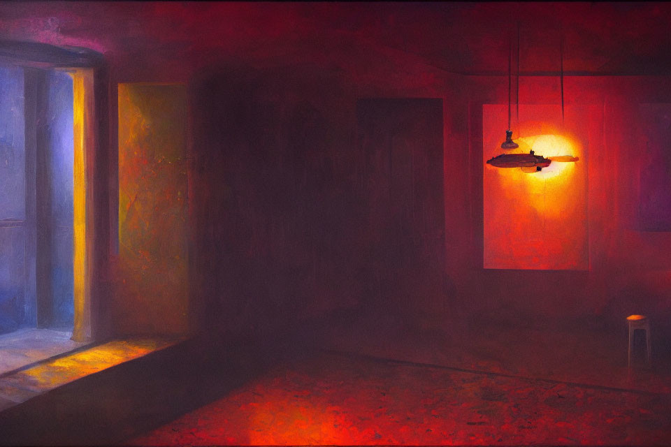 Dimly Lit Room with Hanging Lamp and Ajar Door in Warm Red and Yellow Hues