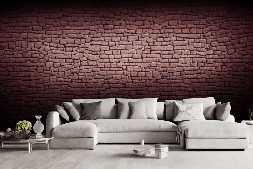 Minimalist Living Room with Large Grey Sectional Sofa and Textured Red Brick Wall