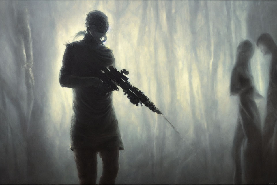 Mysterious silhouette in tactical gear with rifle, blurred background.