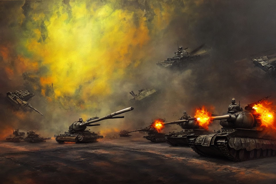 War-themed artwork featuring tanks in battle with fiery explosions.