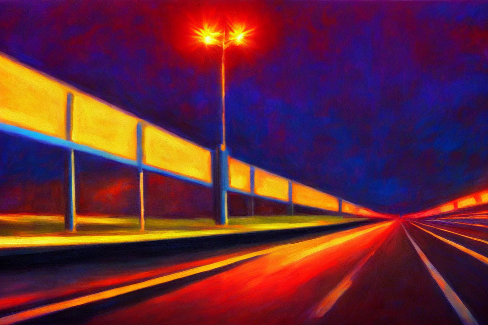 Impressionistic painting of illuminated highway at dusk