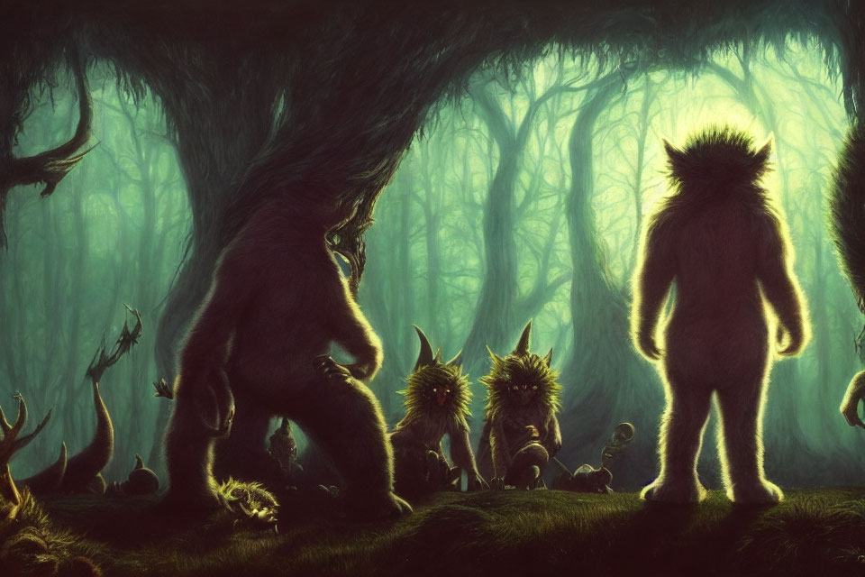 Mystical furry creatures with glowing eyes in haunting green-lit forest