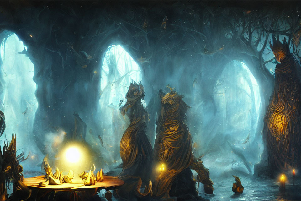 Ethereal forest scene with glowing orbs and ent-like creatures