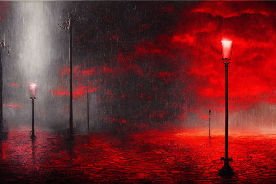 Red illuminated street lamps on wet cobblestone under dark sky