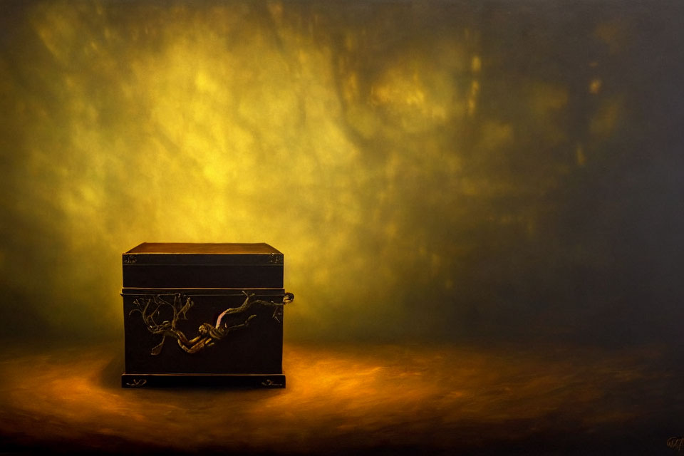 Ornate black chest with gold trim on textured golden backdrop with dramatic lighting