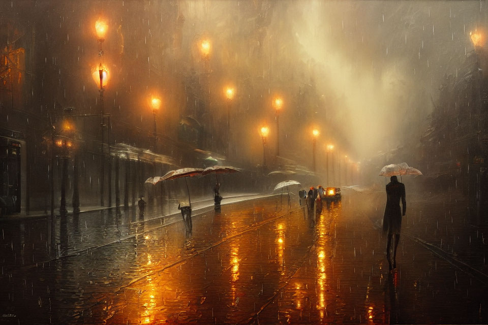 Rainy Evening Scene: Glowing Street Lamps, Umbrellas, and Moving Cars