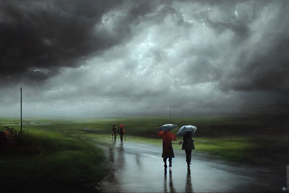 People with umbrellas walking on wet path under stormy sky