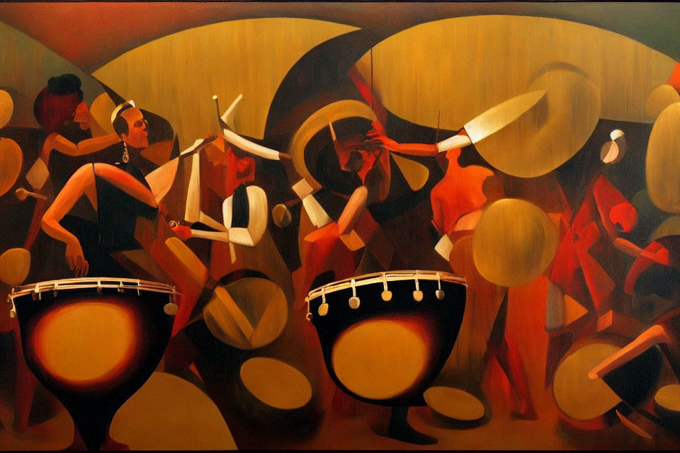 Colorful painting of energetic figures playing drums and dancing vibrantly